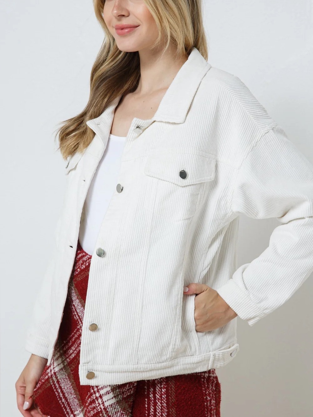 Relaxed Cream Corduroy Button-Front Jacket